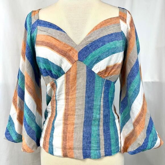 NEW YORK & COMPANY Rainbow Linen Striped Babydoll Top Womens XS Retro Bohemian - Picture 1 of 7